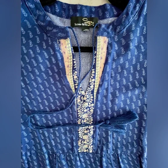 Blue Paisley A-Line Mini Dress with Bell Sleeve, Suzanne Betro, Plus Size 2X - Picture 1 of 3